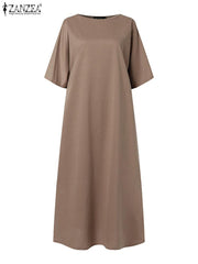 ZANZEA Women Summer Maxi Dress Holiday Kleid Sundress Spring Half Sleeved Dresses O Neck Robe Vestiods Mid-Calf Length