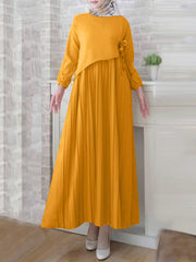 ZANZEA Women Muslim Dresses Abaya Kaftan Solid O-Neck Long Sleeve Lace-Up Pleated Design Mid-Calf Length Dress Fashion Casual Loose Ladies Vestido