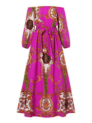 فوندا فساتين طويلة ماكسي مطبوعة بزهور عشوائية للخريف مكشوفة الكتفين غير رسمية برقبة عالية وأكمام منتفخة