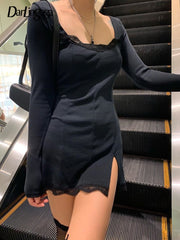 Square Neck Lace Patchwork Bodycon Black Dress Women Elegant Cotton Fashion Side Split Autumn Dress Mini Ladies Basic
