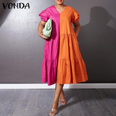 VONDA Plus Size Elegant Contrast Color V-neck Short-sleeved Stitching A- Women's Dress Daily Causal Summer Hoilday Dress