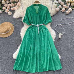 Elegant French style thin embroidery V-neck dress summer women's puff sleeves chic beautiful stunning mid-length skirt