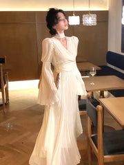 2023 Spring Elegant V Neck Midi Dress Office Ladies Long Sleeves Casual One Dress Korean French Retro Chiffon Dress Ladies