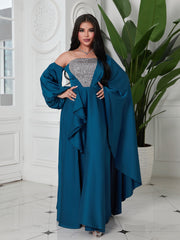 Elegant blue satin sequined dress