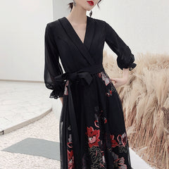 Ladies V-neck Long Three-quarter Sleeve Printed Banquet Dress LX029