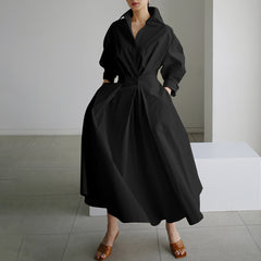 ZANZEA ladies Japanese and Korean art style temperament solid color ladies lapel long-sleeved elastic high waist slimming knee-length skirt fashion trend elegant shirt skirt loose spring and summer daily leisure vacation style shirt dress large size