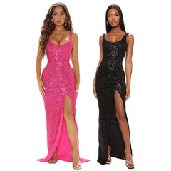 European and American bag hip skirt sequined tube top suspenders slit sexy party evening dress dress