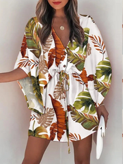 فستان قميص مثير بياقة على شكل V فستان نسائي صيفي مطبوع بأكمام تشبه جناح الخفاش وزر وأربطة فستان قصير موضة فضفاضة فساتين حفلات الشاطئ بوهو 2022