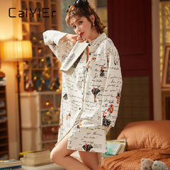 CAIYIER 2020 شريط المرأة الترفيه ثوب النوم بدوره إلى أسفل طوق البشكير Witer أكمام طويلة للسيدات قميص تنورة فتاة فستان النوم