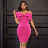 European and American sexy one-shoulder ruffled bowknot slim high waist plus size evening dress female