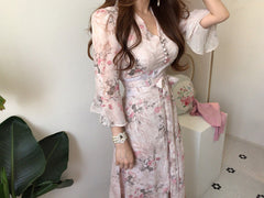 تنورة طويلة أنيقة بمزاج كوري لعام 2023 مع زهور فستان رقيق جدًا يغطي الجسم للنساء