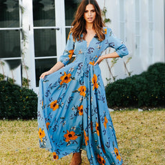 Long Sleeve Women's Printed Summer Beach Chiffon Dress Boho Long Sleeve Vintage Holiday Party Dress