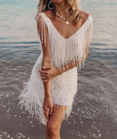 European and American dress women's sexy tassel V-neck slim dress