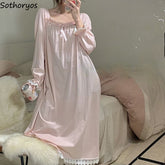 Women Nightgowns Long Sleeve Lace Sweet Square Collar Retro Midi Nightdress Cozy Bow Gentle Teens Sleepwear Kawaii