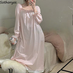Women Nightgowns Long Sleeve Lace Sweet Square Collar Retro Midi Nightdress Cozy Bow Gentle Teens Sleepwear Kawaii