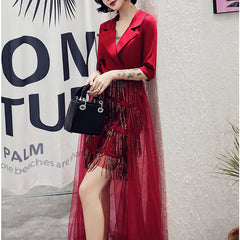 Women's front short and back long fashionable party dress V-neck mid-sleeve fringed sequin birthday party dress Slim bag hip skirt
