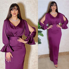 Middle East New Fashion Satin Dress Elegant Women's Dubai Trend Trumpet Sleeve Satin Fabric Noble Luxurious Modest Long Dress