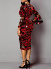 أزياء ملهى ليلي مثير على طراز امرأة ناضجة عميقة على شكل حرف V منخفضة القطع مطبوعة مجوفة غير منتظمة ثلاثة أرباع كم فستان ربيعي على الطراز الأوروبي والأمريكي