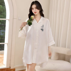 Foreign trade wholesale nightgown ladies summer thin cardigan shirt skirt outer wear spring and autumn large size printed pajamas home clothes