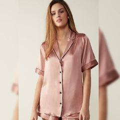 HiLoc بدلة نوم بنية 2021 بدلة منزلية للنساء أطقم بيجامات ياقة مقلوبة طقم نسائي 3 قطع بيجامات بأكمام قصيرة مع حمالة صدر