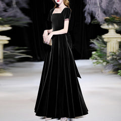 Ladies long velvet short-sleeved big bow fashion party dress banquet evening dress