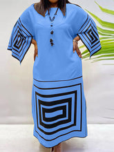 VONDA ladies European and American black big size hit color retro geometric print dress lady temperament elegant simple casual round neck long-sleeved trumpet sleeves A-line skirt large skirt daily spring and autumn fashion trend long skirt