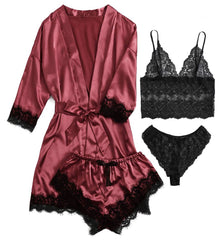 Long Sleeve Womens Pajamas European American Lace Lingerie Nightwear Underwear Set Satin Suspenders Sleepwear Nightgown