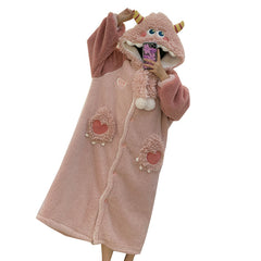 Little coral velvet thickened plus velvet hooded nightgown female winter cute long flannel bathrobe pajamas