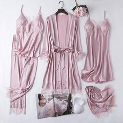 Sexy Full Slip Lace White Silk Pajamas Set Women 5PCS Chemise Bride Wedding Robe Nightgown Sleepwear Kimono Bathrobe Lingerie