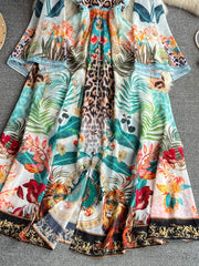 Retro elegant slit flared long-sleeved V-neck waist print dress