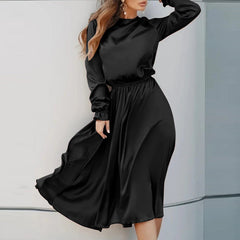 ZANZEA ladies European and American style party style satin gloss elegant knee-length skirt temperament solid color round neck bubble long sleeve waist slimming mid-length skirt fashion trend loose spring and autumn daily leisure holiday dress large size