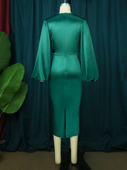 AOMEI Women Shiny Dress Green Long Sleeve Bodycon Satin Folds Midi Elegant Big Size Evening Christmas Party Birthday Outfits New