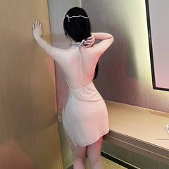 Sexy women's pajamas split open back halter nightdress bag skirt split chain skirt