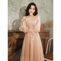 Hot sale new evening dress women's long skirt new host temperament banquet temperament long-sleeved pink dress fashion