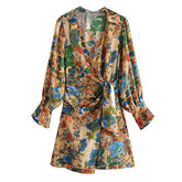 فساتين نسائية بوهو ستايل قصيرة مطبوعة بالزهور أنيقة على شكل حرف V وأكمام طويلة وربطة عنق على شكل فيونكة فساتين نسائية أنيقة للحفلات