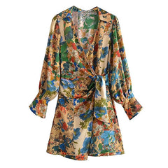 فساتين نسائية بوهو ستايل قصيرة مطبوعة بالزهور أنيقة على شكل حرف V وأكمام طويلة وربطة عنق على شكل فيونكة فساتين نسائية أنيقة للحفلات