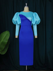 AOMEI Women Sheath Dress Party Shiny Elegant Blue Color Block Bodycon O Neck Long Lantern Sleeves Event Birthday Fall