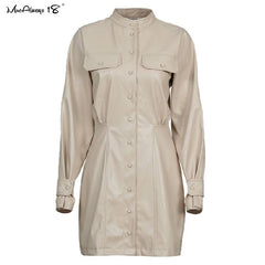 فستان Mnealways18 من جلد البولي يوريثان للسيدات غير رسمي بصدر واحد كريمي فستان عتيق للسيدات بأكمام طويلة فساتين قصيرة