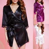 Ladies Fashion Simulation Silk Lace Patchwork Bathrobe Robe
