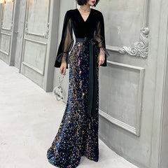 Ladies V-neck Long Long Sleeve Slim Mermaid Party Dress Banquet Evening Dress Luxury Elegant Party Dress