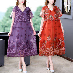 2023 الأرجواني المطرزة زهرة صافي الخامس الرقبة مثير ميدي اللباس الصيف البوهيمي الأزياء خفيفة الوزن الشاطئ اللباس المرأة الكورية أنيقة فضفاضة اللباس