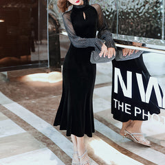 Ladies mid-length long-sleeved slim fishtail party dress velvet see-through sleeve party evening dress