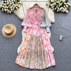 Spring and summer thin section French style high-end sense stand-up collar single-breasted lantern long-sleeved tie-up waist and large printed d