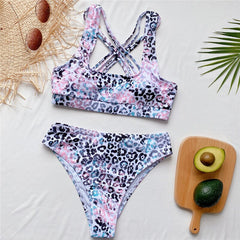 New Waist Women's Leopard Swimsuits Push Up Bikinis Swimwear Cross Bandage Bathing Suit Swim 2021 Summer Female Bikinis Set