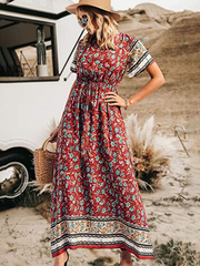 فستان بوهو نسائي طويل الأكمام قصير الأكمام من القطن