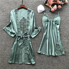 Sexy Lace Robe Sets With Belt 2PCS Women's Satin Pijamas Set Nightgown Silk Summer Sleepwear Bathrobe Female Pijamas M-XL