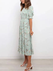 Women Boho Style Floral Printed Midi Dress Casual O Neck Butterfly Short Sleeve Dress Lady Fashion Elegant A Line Dress