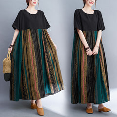 Real shot new color-blocking retro literary and art large-size catty long skirt loose meat-covering cotton and linen long skirt