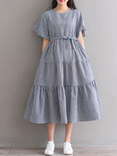 ZANZEA women's round neck short-sleeved plaid cotton and linen stitching cake skirt dress with belt