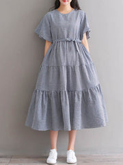 ZANZEA women's round neck short-sleeved plaid cotton and linen stitching cake skirt dress with belt